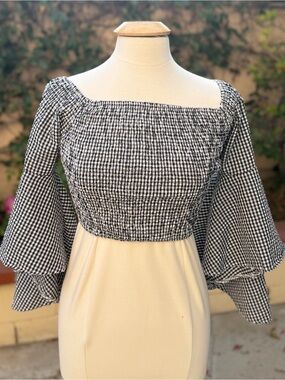 Gingham Smocked Off-Shoulder Crop Top - Black